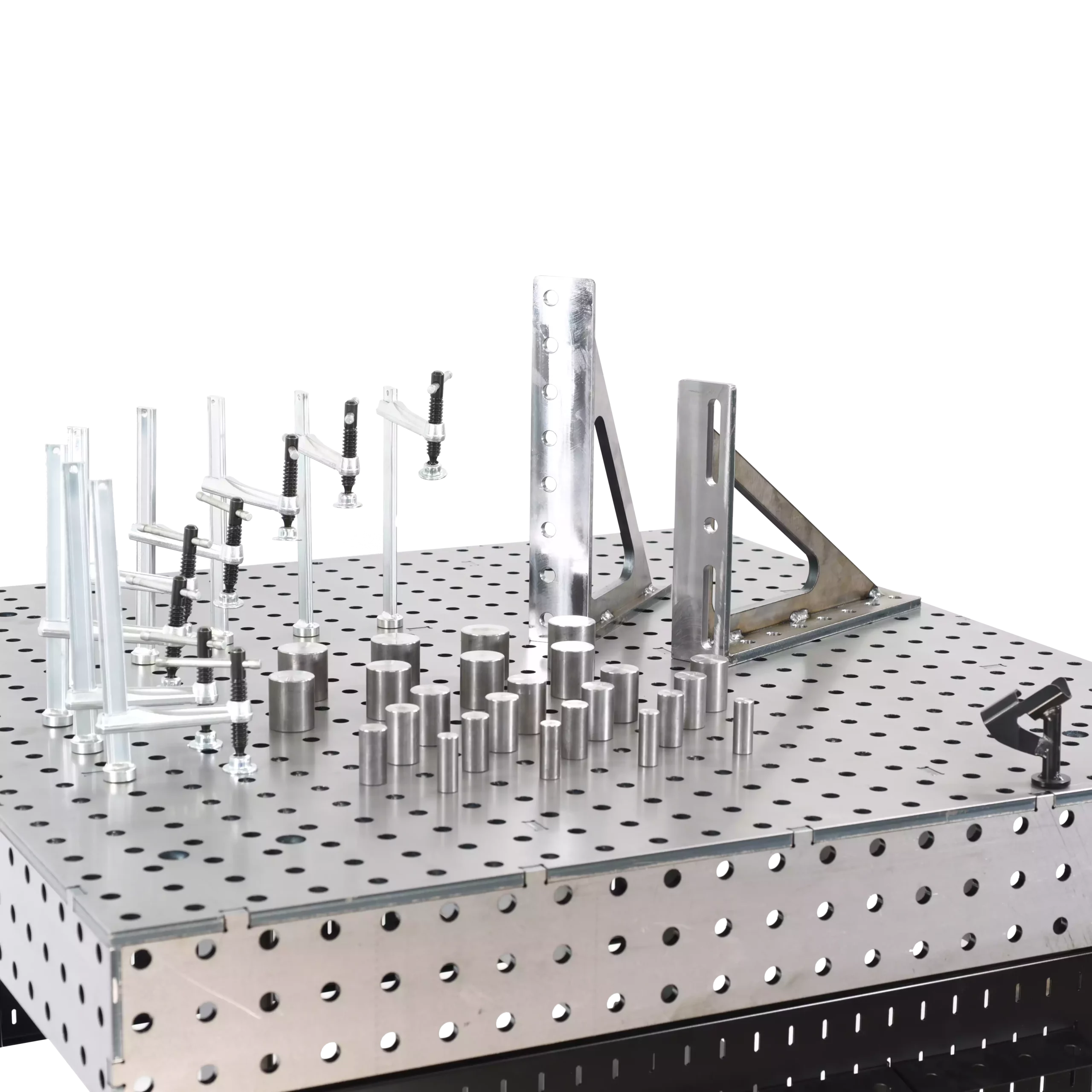 Close-up of 48" x 48" x 6" Welding Table with 57 Piece Fixturing Kit