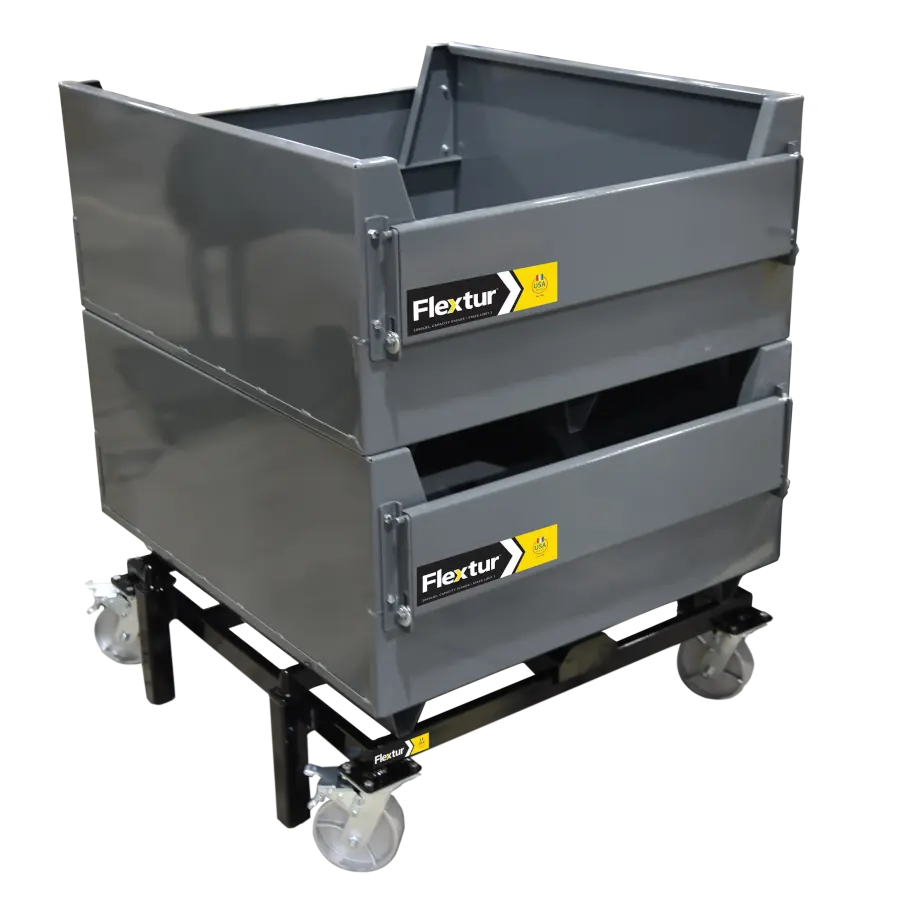 stacked-steel-storage-bins-flextur Stacked returnable steel storage bins from Flextur designed for efficient industrial material handling and space-saving organization.