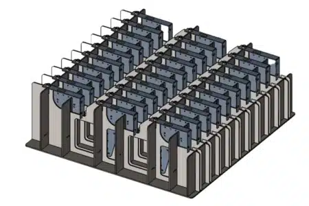 3D CAD model of a custom welding fixture designed to hold identical components during manufacturing or inspection.