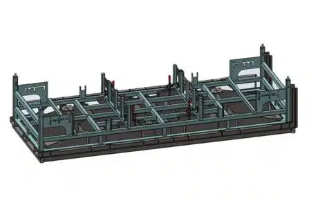 3D CAD model of a large custom welding fixture used for securing and aligning structural components during assembly.