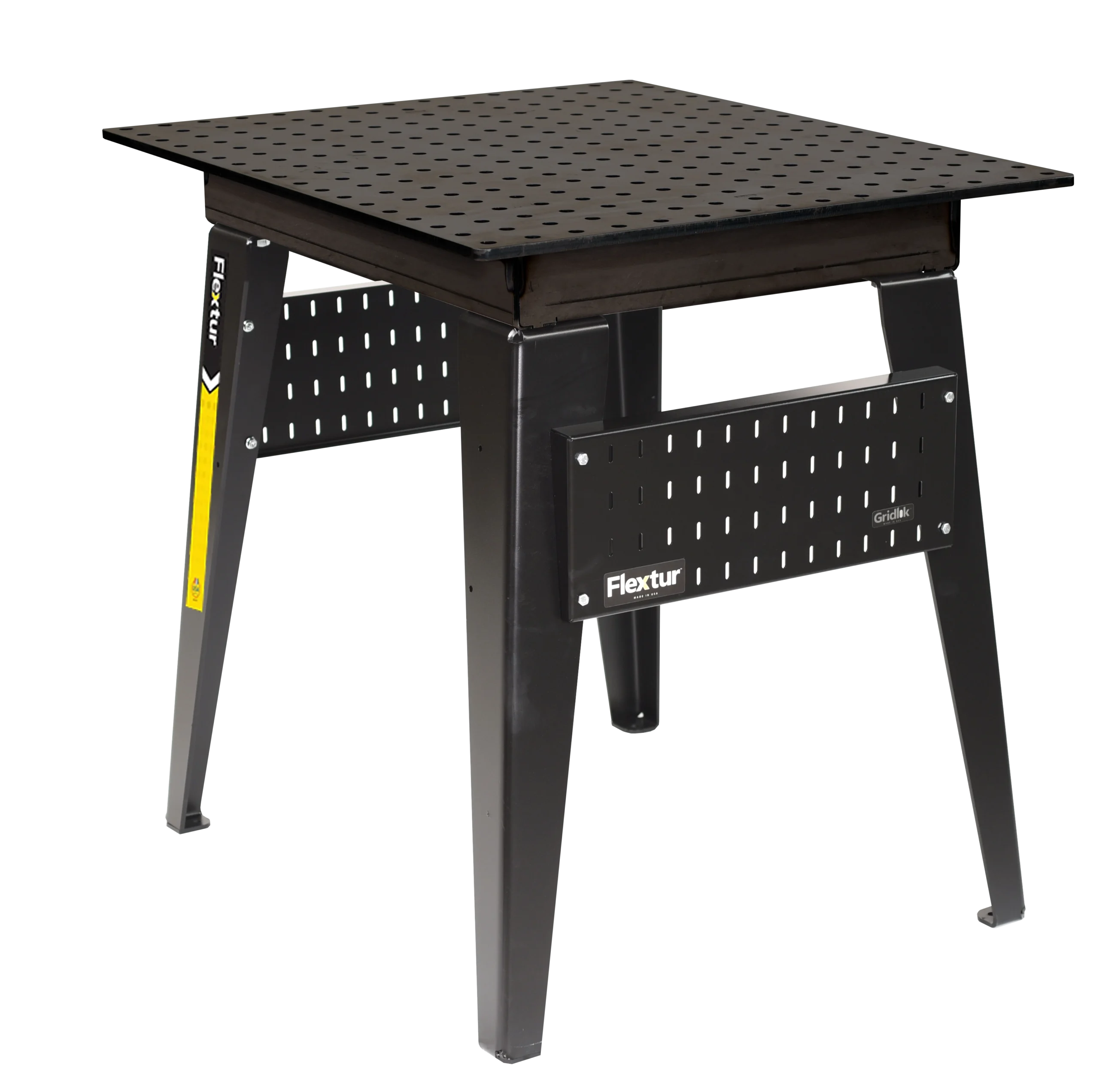 The 36" x 30" Nitride Welding Table is a black metal table with a perforated top, sturdy legs, Flextur branding on the side, and horizontal slotted panels for storing tools.