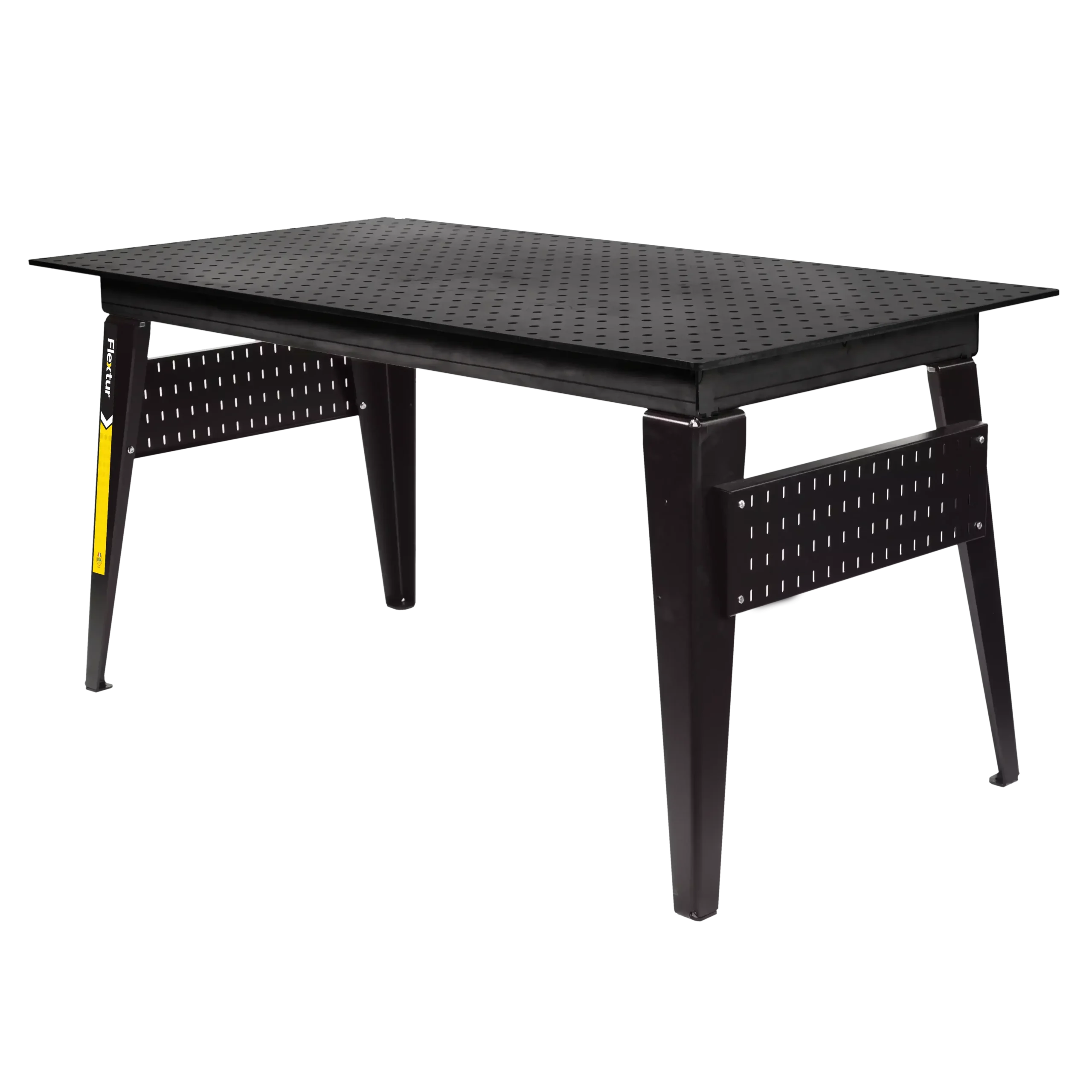 The 36" x 72" Nitride Welding Table has a flat, perforated black tabletop, sturdy legs, and side panels with evenly spaced holes for support—ideal for industrial or workshop use.