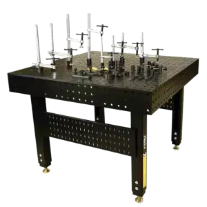 The 48 x 48 x 6 Stationary Nitride Welding Table includes a 40 piece fixturing kit and offers a gridded surface for easy mounting of rods and clamps, making it ideal for laboratory optics experiments.