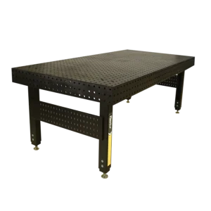 48" x 96" x 6" Stationary Nitride Welding Table features a large black metal perforated tabletop and sturdy rectangular legs, ideal for industrial or workshop use.