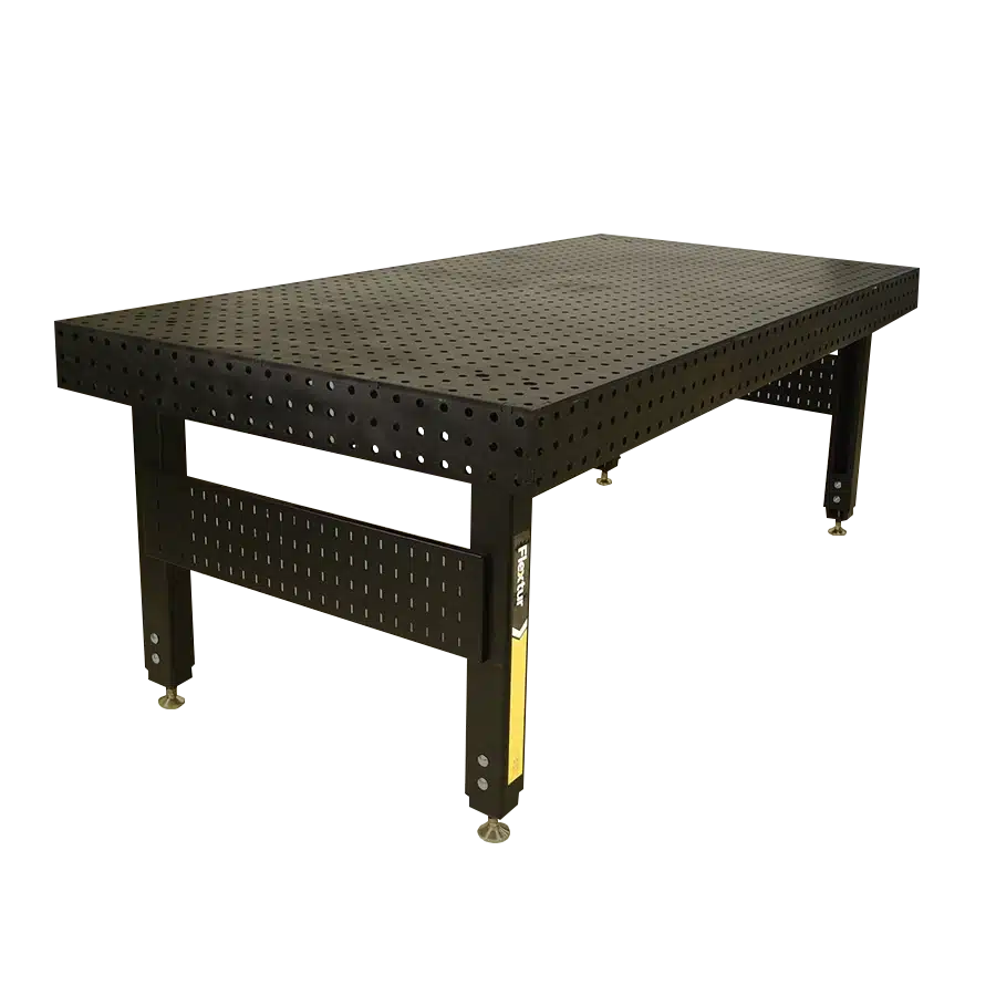48" x 96" x 6" Stationary Nitride Welding Table features a large black metal perforated tabletop and sturdy rectangular legs, ideal for industrial or workshop use.