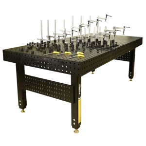 The 48" x 96" x 6" Stationary Nitride Welding Table with 80 Piece Fixturing Kit features a black perforated surface, adjustable clamps and fixtures, and sturdy legs with leveling feet for stability.