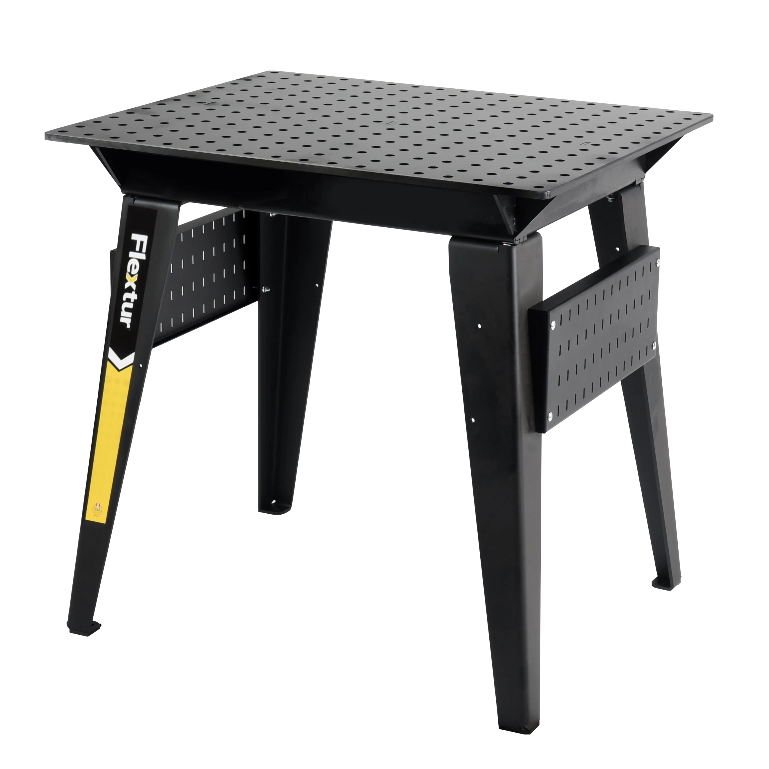 The 36" x 30" Nitride Welding Table is a black metal table with a perforated top, sturdy legs, Flextur branding on the side, and horizontal slotted panels for storing tools.