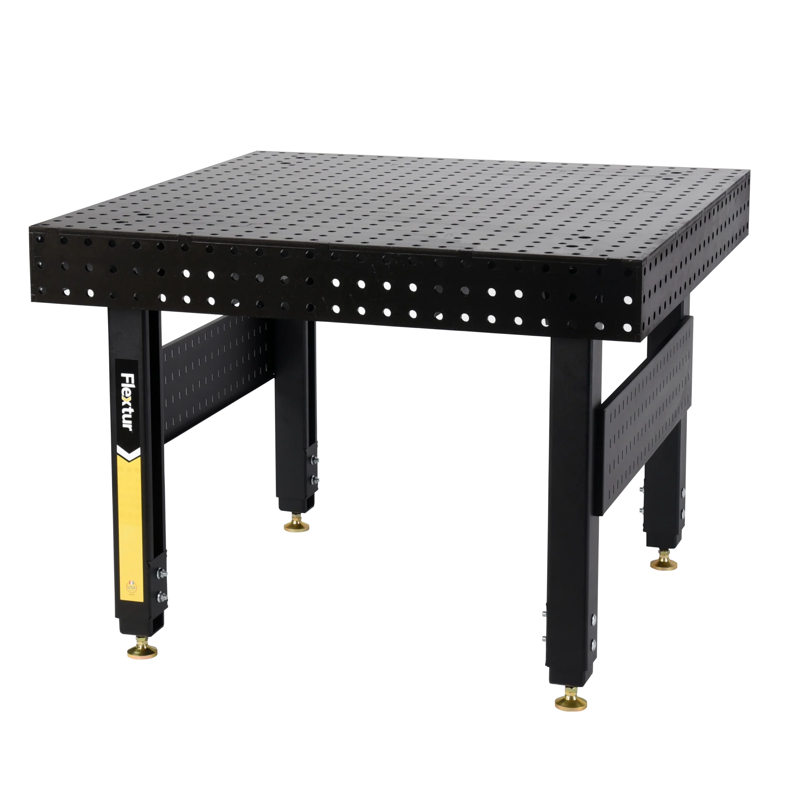 The 48" x 48" x 6" Stationary Nitride Welding Table is black, metal, features a perforated top and sides, and stands on four sturdy legs against a white background.