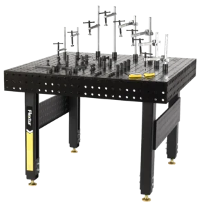 The 48 x 48 x 6 Stationary Nitride Welding Table includes a 40 piece fixturing kit and offers a gridded surface for easy mounting of rods and clamps, making it ideal for laboratory optics experiments.