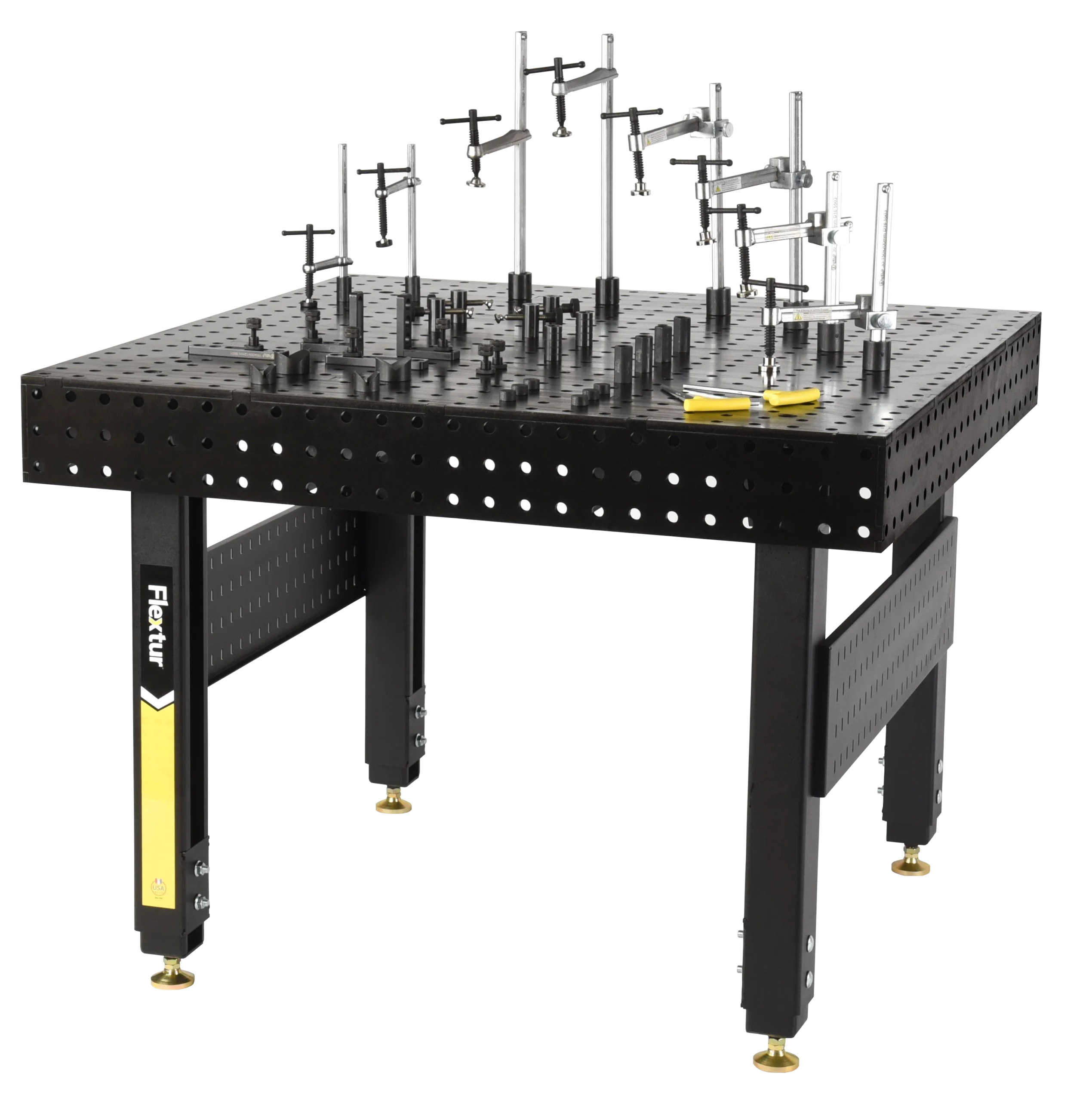 The 48 x 48 x 6 Stationary Nitride Welding Table includes a 40 piece fixturing kit and offers a gridded surface for easy mounting of rods and clamps, making it ideal for laboratory optics experiments.