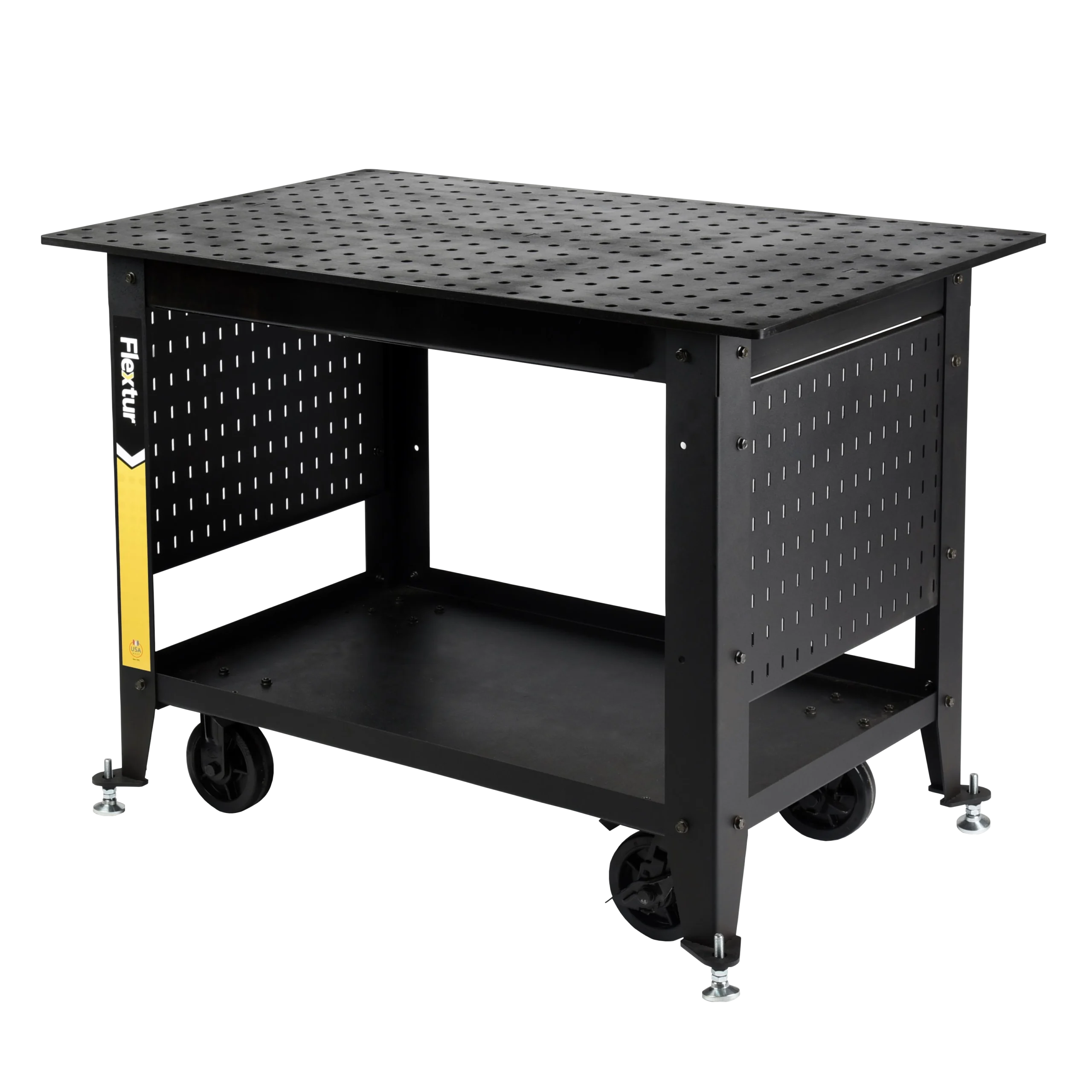 The Mobile Nitride Welding Table Cart is a black, rectangular cart with wheels, a perforated metal tabletop and sides, an open middle shelf, and features a yellow Flextur label on the front left corner.